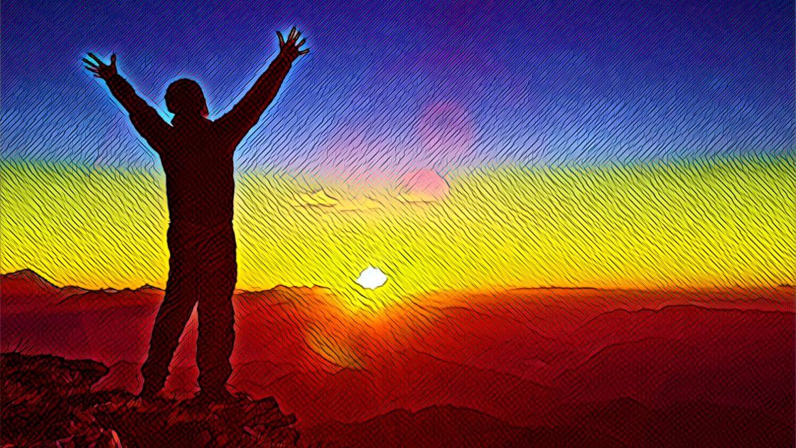 image showing man who is greeting the sunrise