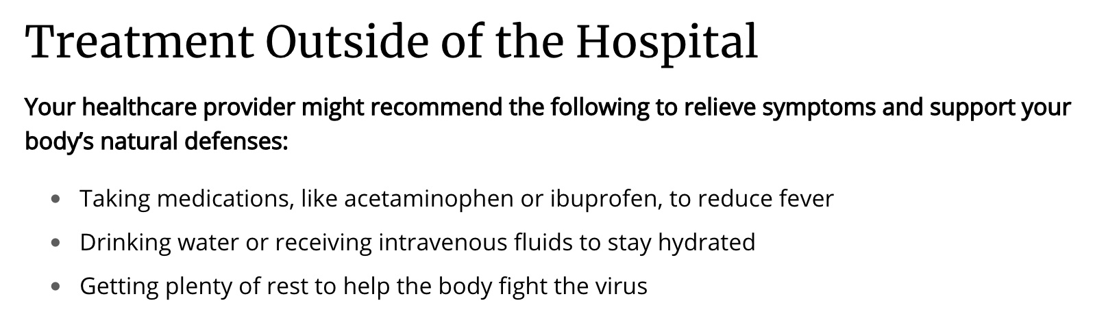 Image showing recommendations from the CDC for COVID-19 treatment outside of the hospital.