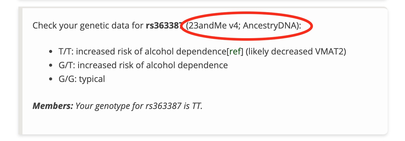 screenshot showing version numbers for 23andme in articles