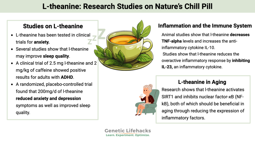 Research Studies on L-theanine for anxiety, depression, anti-inflammatory, improves sleep quality