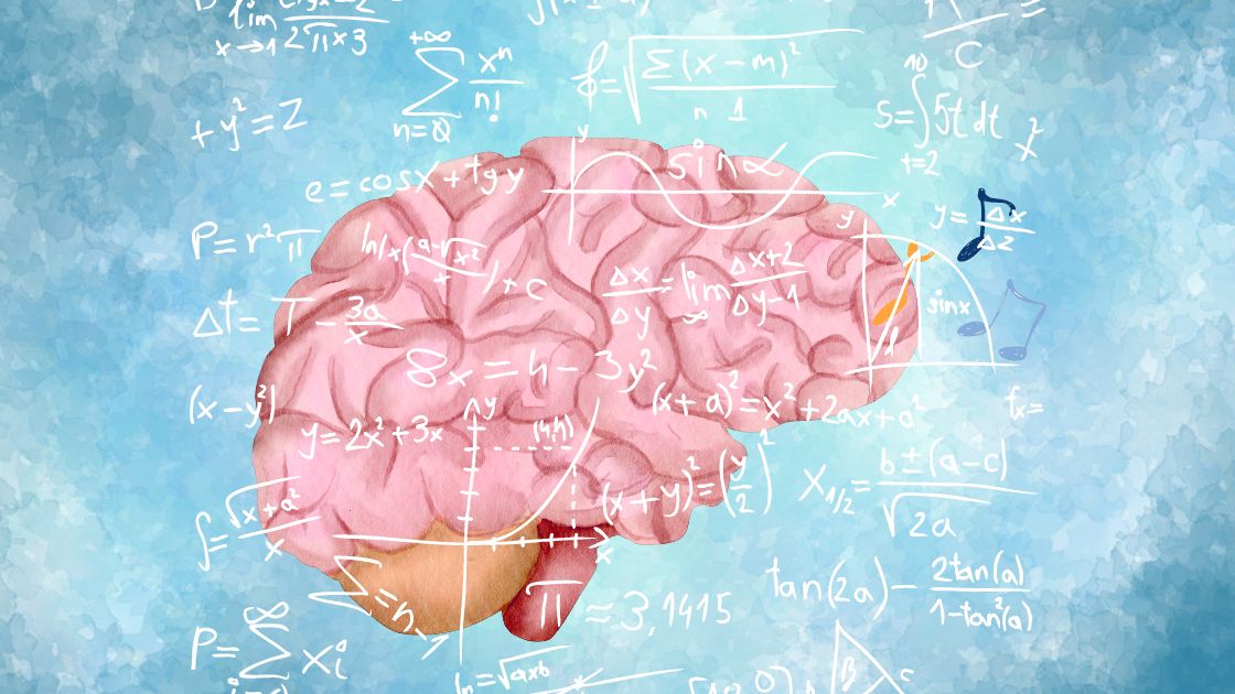 watercolor rendition of brain with lightbulb, music notes, math equations, science symbols