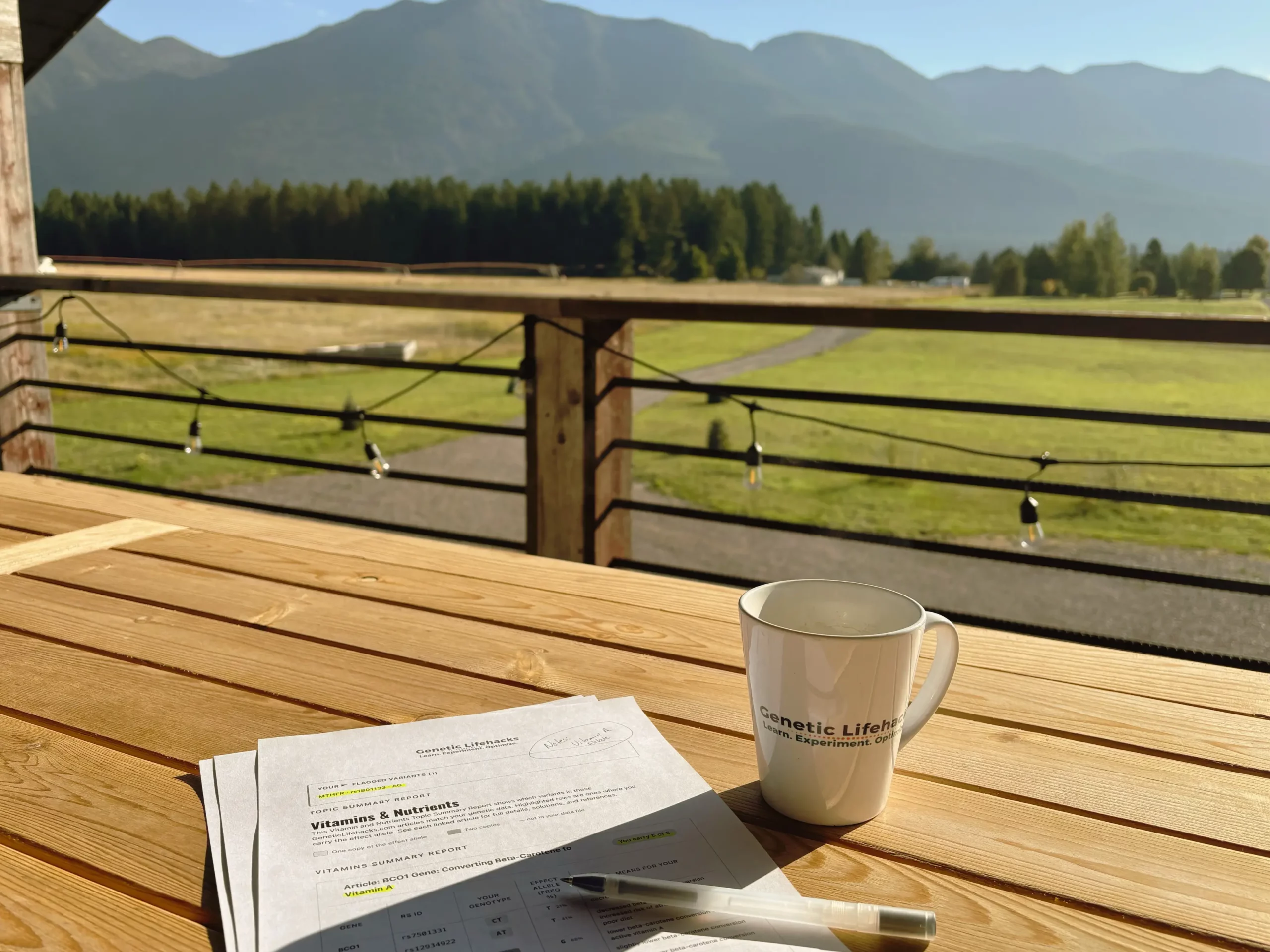A printed Genetic Lifehacks Vitamins and Nutrients summary report with highlighted gene variants, next to a coffee mug on a sunny deck table overlooking a mountain valley.